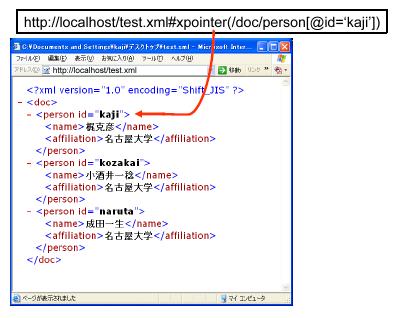 XMLドキュメントの内部ノードのXPointerによる指示