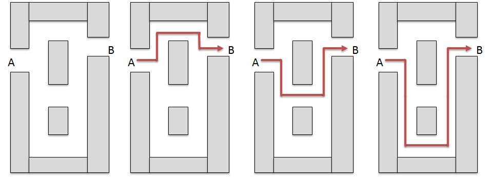 地図の例(a) と点A から点B に移動するための経路の候補(b)(c)(d)